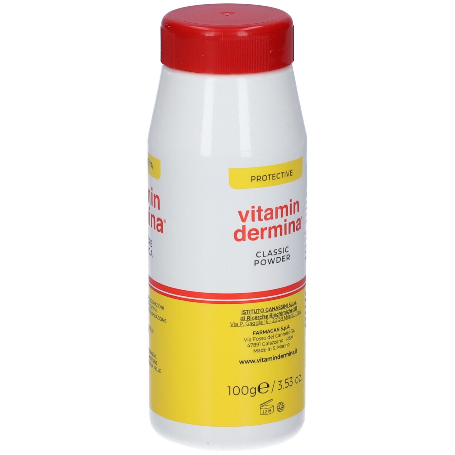 Flacone bianco-rosso con etichetta gialla. Scritta: vitamin dermina, polvere. 100g/3.53 oz.
