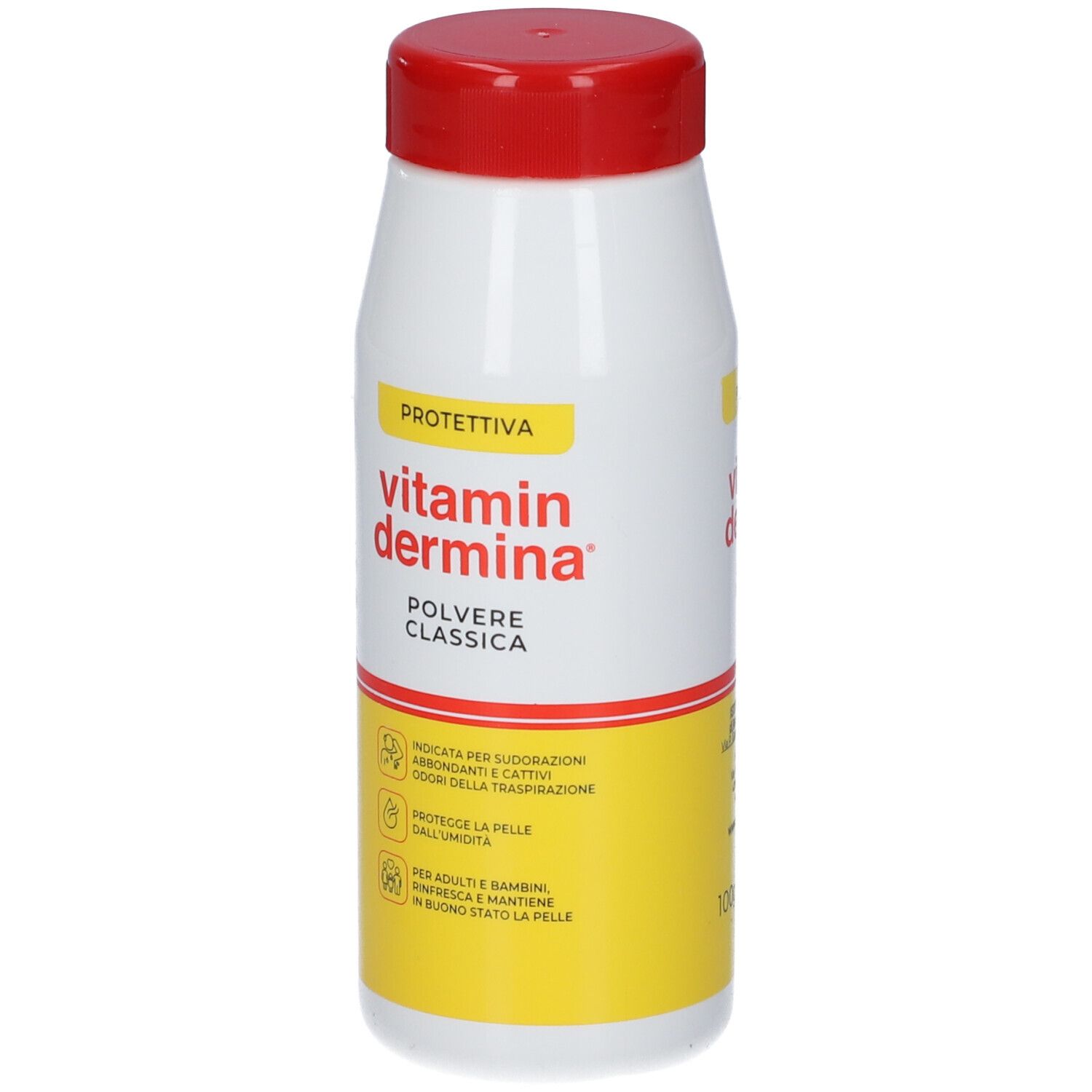 Flacone bianco-rosso con etichetta gialla. Scritta: vitamin dermina, polvere. Funzione protettiva.