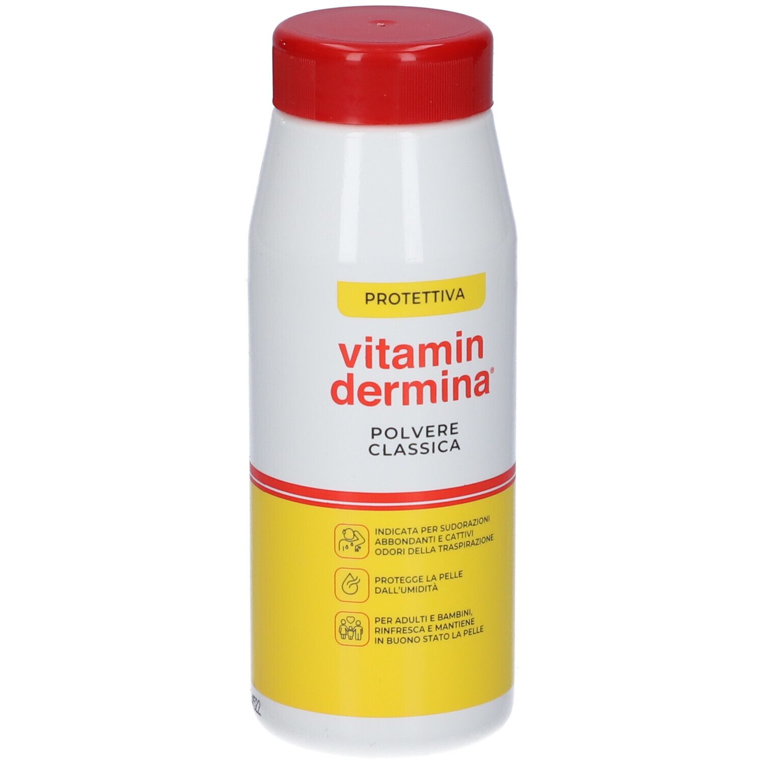 Flacone bianco-rosso con etichetta gialla. Scritta: vitamin dermina, polvere. Funzione protettiva.
