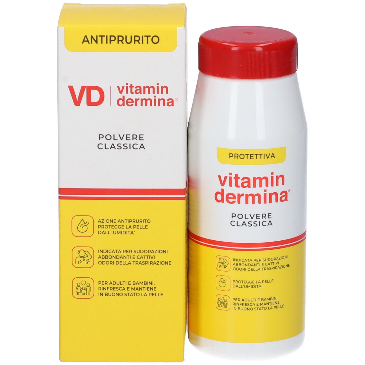 Prodotto e confezione. Scritta: VD vitamin dermina, polvere. Confezione gialla.