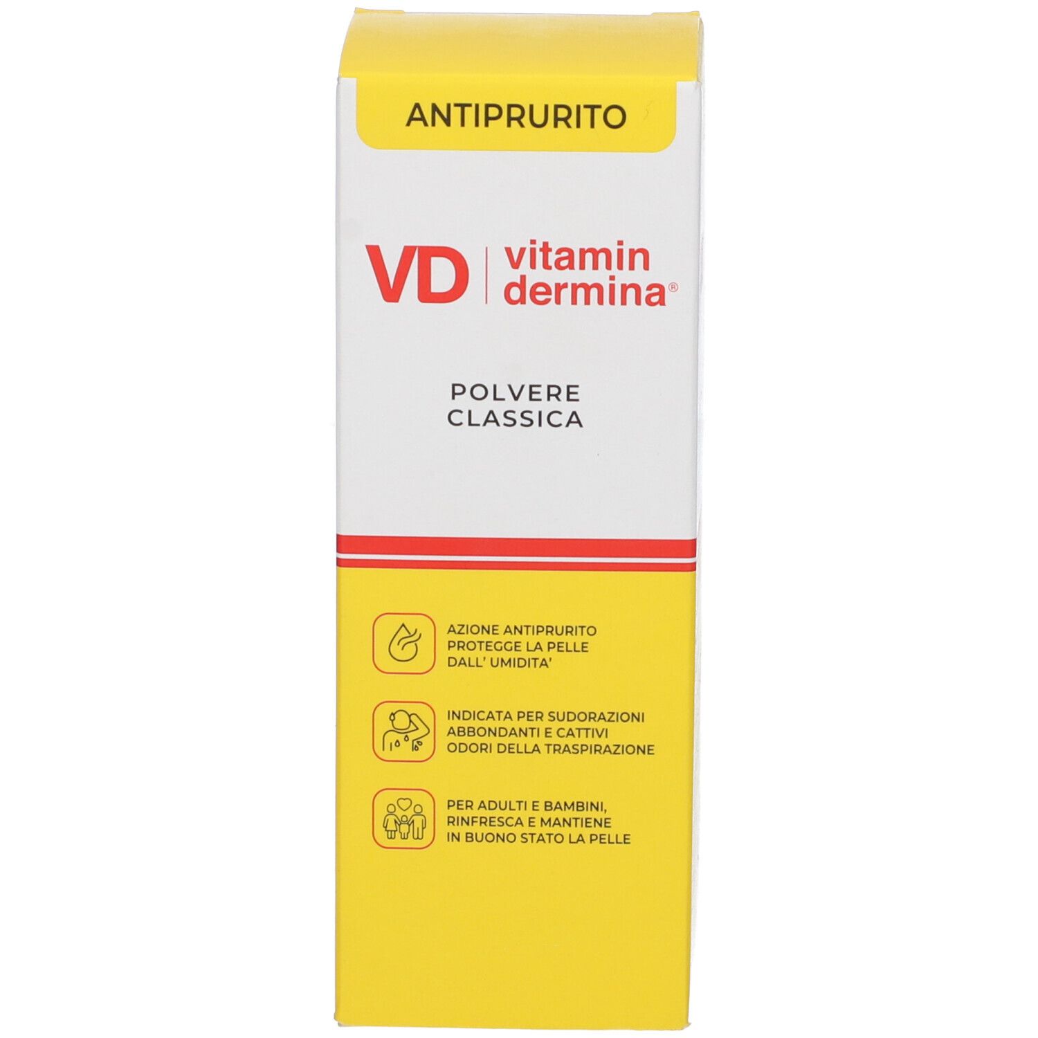 Confezione gialla. Scritta: VD vitamin dermina, polvere. Contro il prurito.