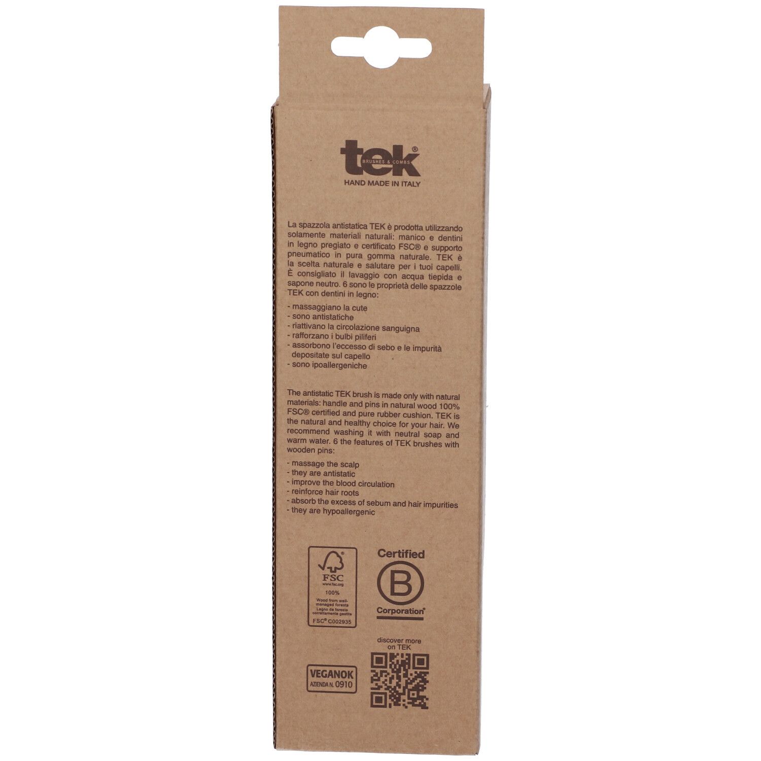 Retro della confezione in cartone. Testo, certificazione FSC, logo B Corp, codice QR. Marchio: tek.