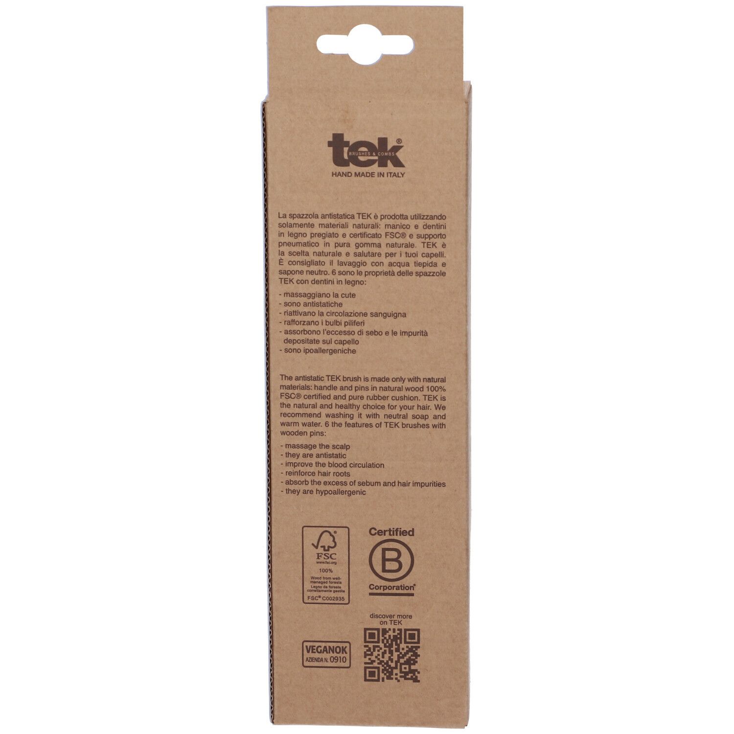 Retro della confezione in cartone. Testo: tek, certificazione FSC, logo Vegan, codice QR.