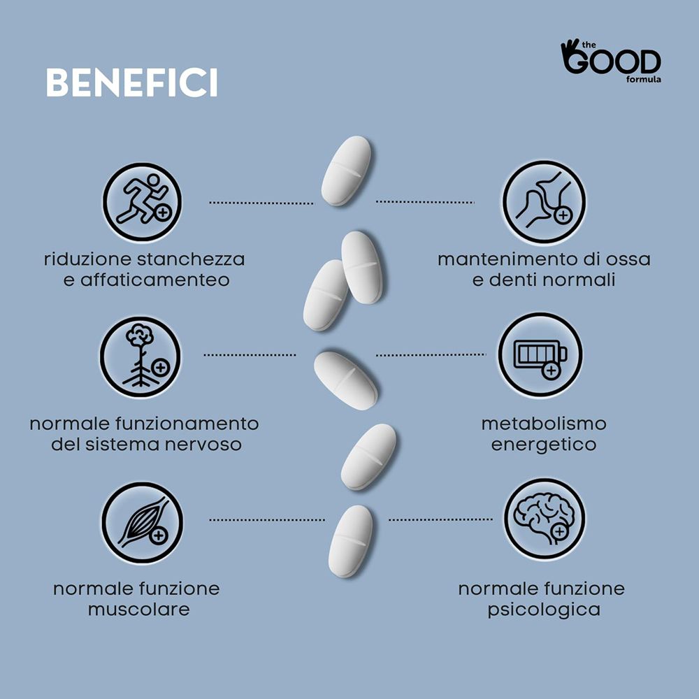 Benefici del magnesio: Riduzione stanchezza, funzione muscolare, mantenimento ossa, energia.