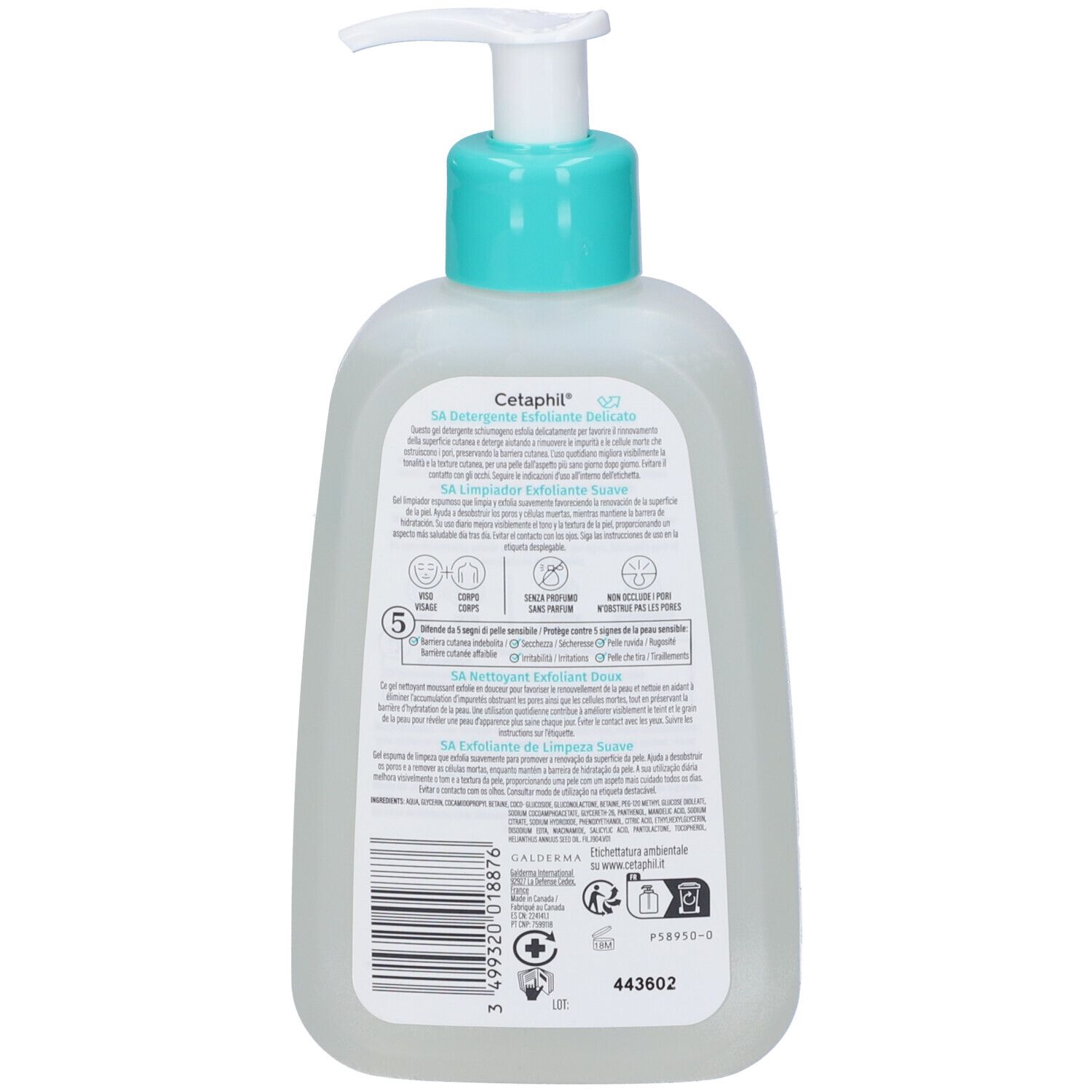 Retro del detergente SA Cetaphil con erogatore, mostra ingredienti e certificazioni.