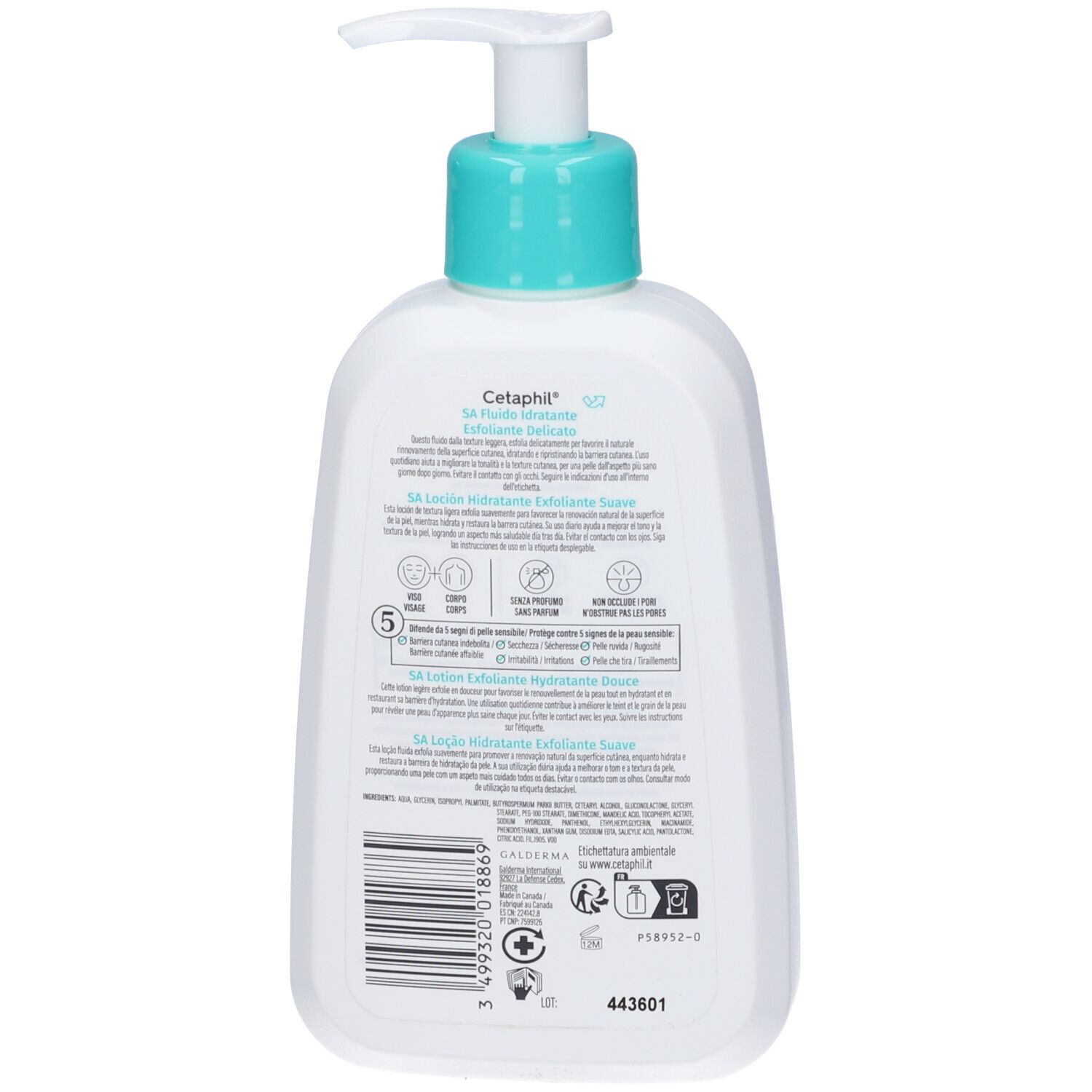 Cetaphil SA Fluido Esfoliante Retro: Informazioni e codice a barre su flacone pompa bianco.