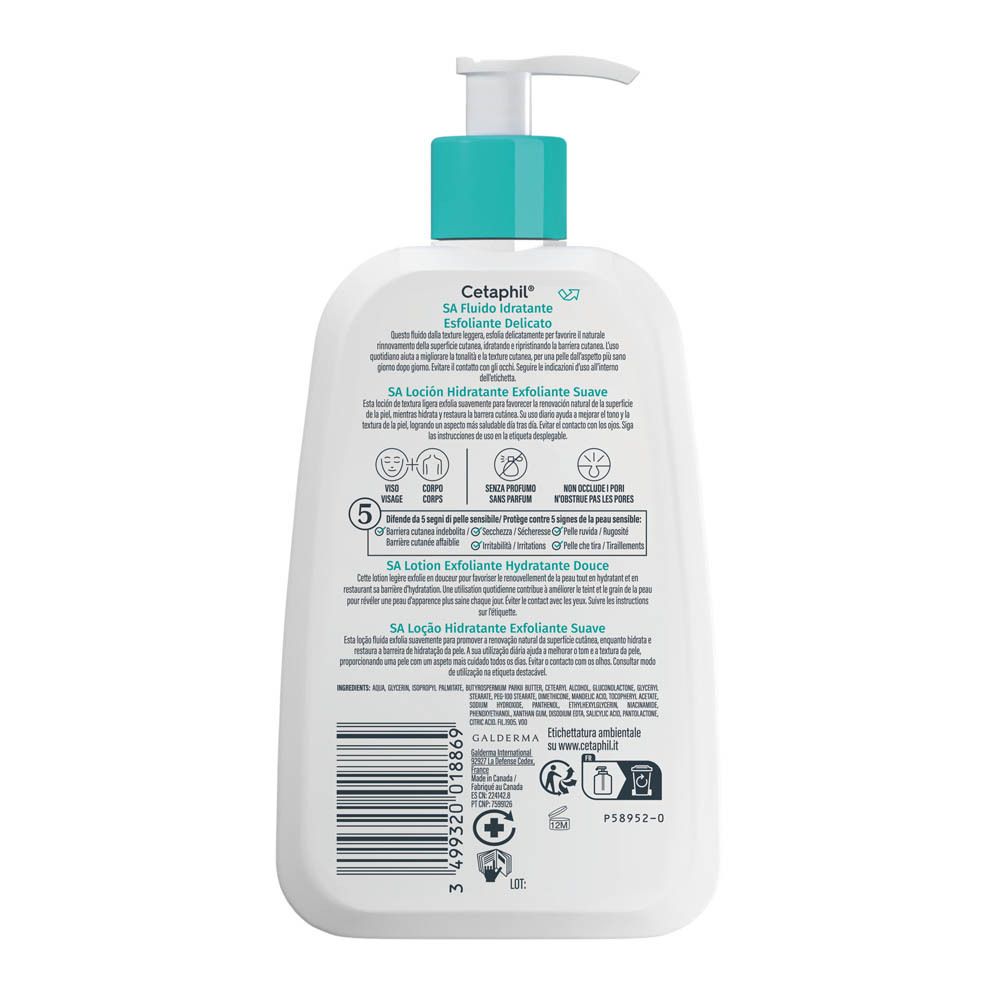 Retro Cetaphil SA Fluido Idratante Esfoliante Delicato con istruzioni e sigilli.
