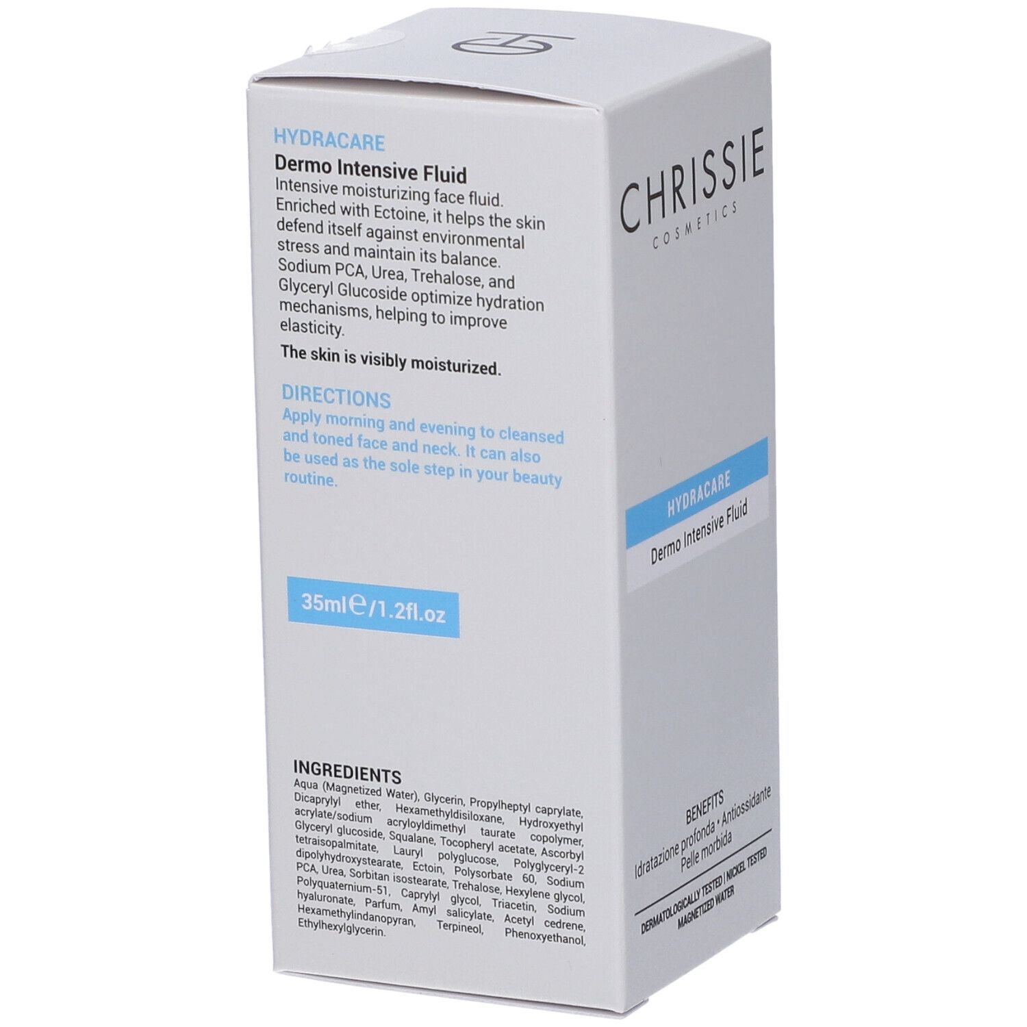 Scatola Chrissie Cosmetics Hydracare Dermo Intensive Fluid con ingredienti e istruzioni.