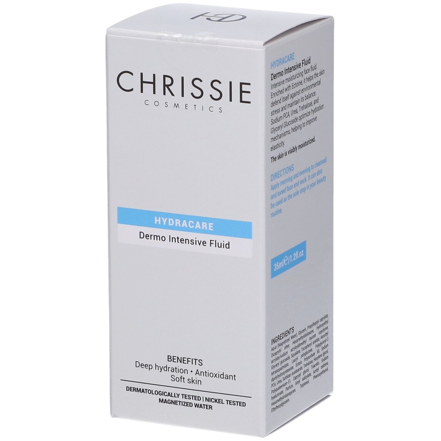Scatola Chrissie Cosmetics Hydracare Dermo Intensive Fluid con benefici e tipo di pelle.