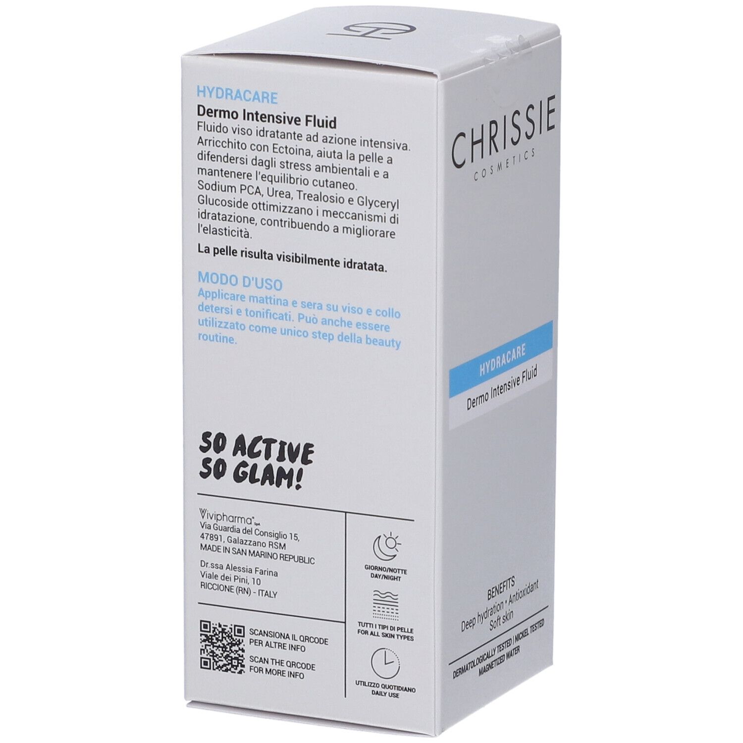 Scatola Chrissie Cosmetics Hydracare Dermo Intensive Fluid con istruzioni d'uso e info produttore.