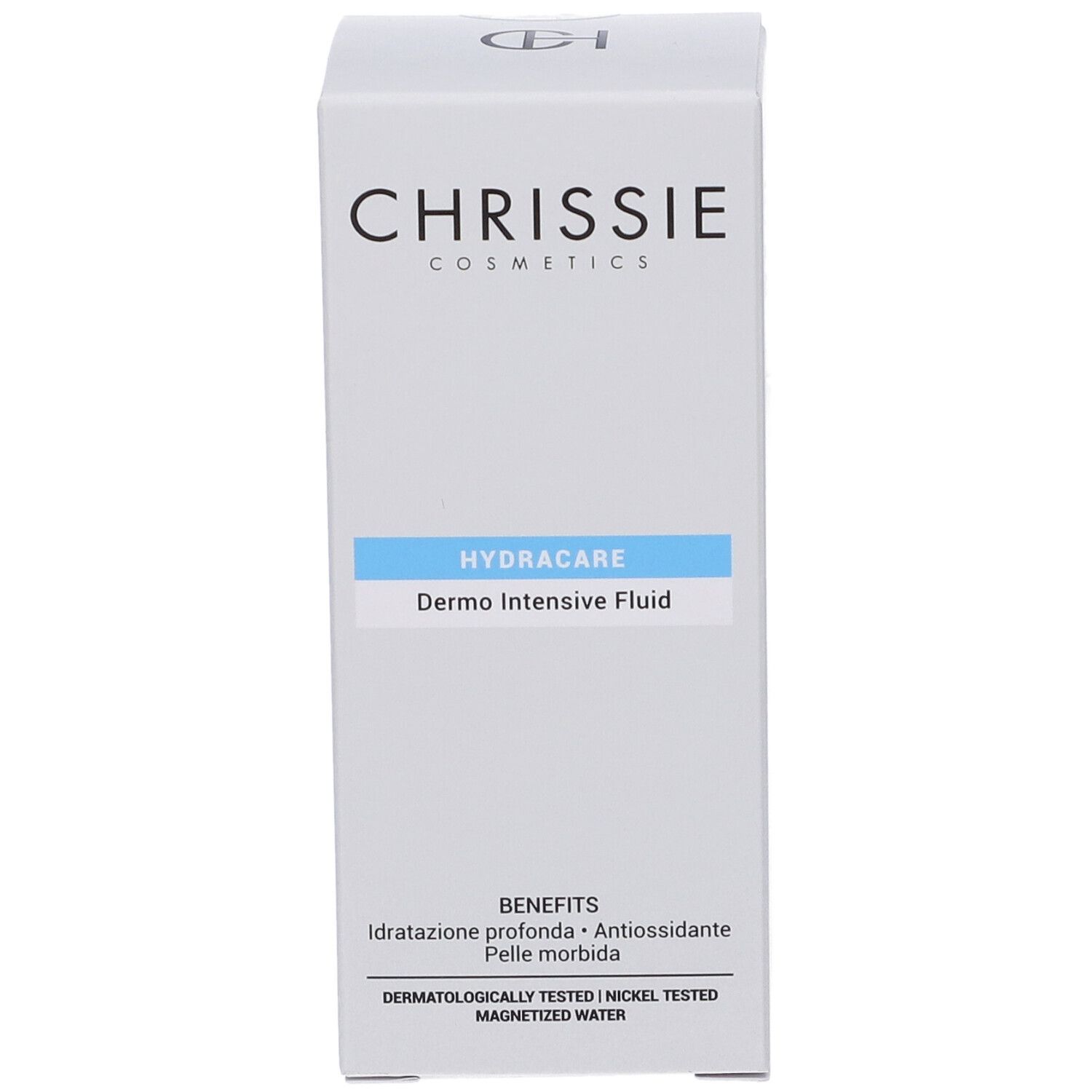 Scatola Chrissie Cosmetics Hydracare Dermo Intensive Fluid con benefici: Idratazione profonda, antiossidante, pelle morbida.
