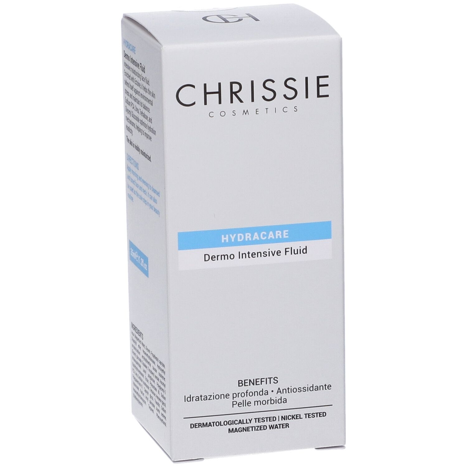Scatola Chrissie Cosmetics Hydracare Dermo Intensive Fluid con sigilli: Testato dermatologicamente, testato al nichel, acqua magnetizzata.