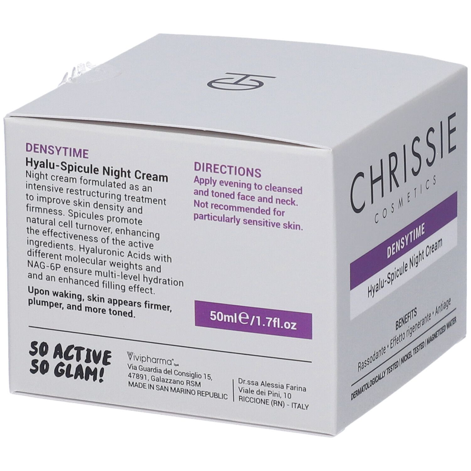Confezione Chrissie Cosmetics Densytime Hyalu-Spicule Crema Notte con istruzioni e ingredienti.