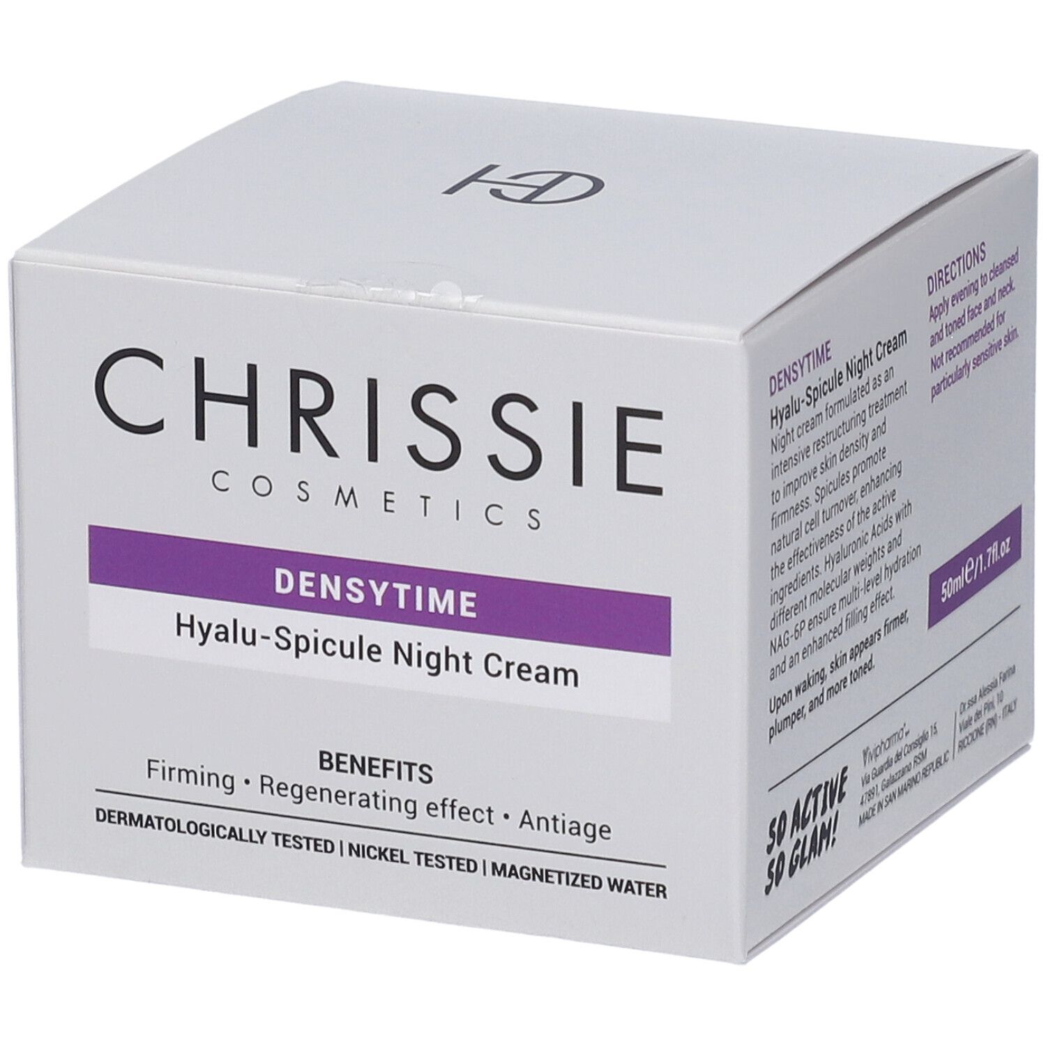 Confezione Chrissie Cosmetics Densytime Hyalu-Spicule Crema Notte, fronte con nome prodotto e benefici.