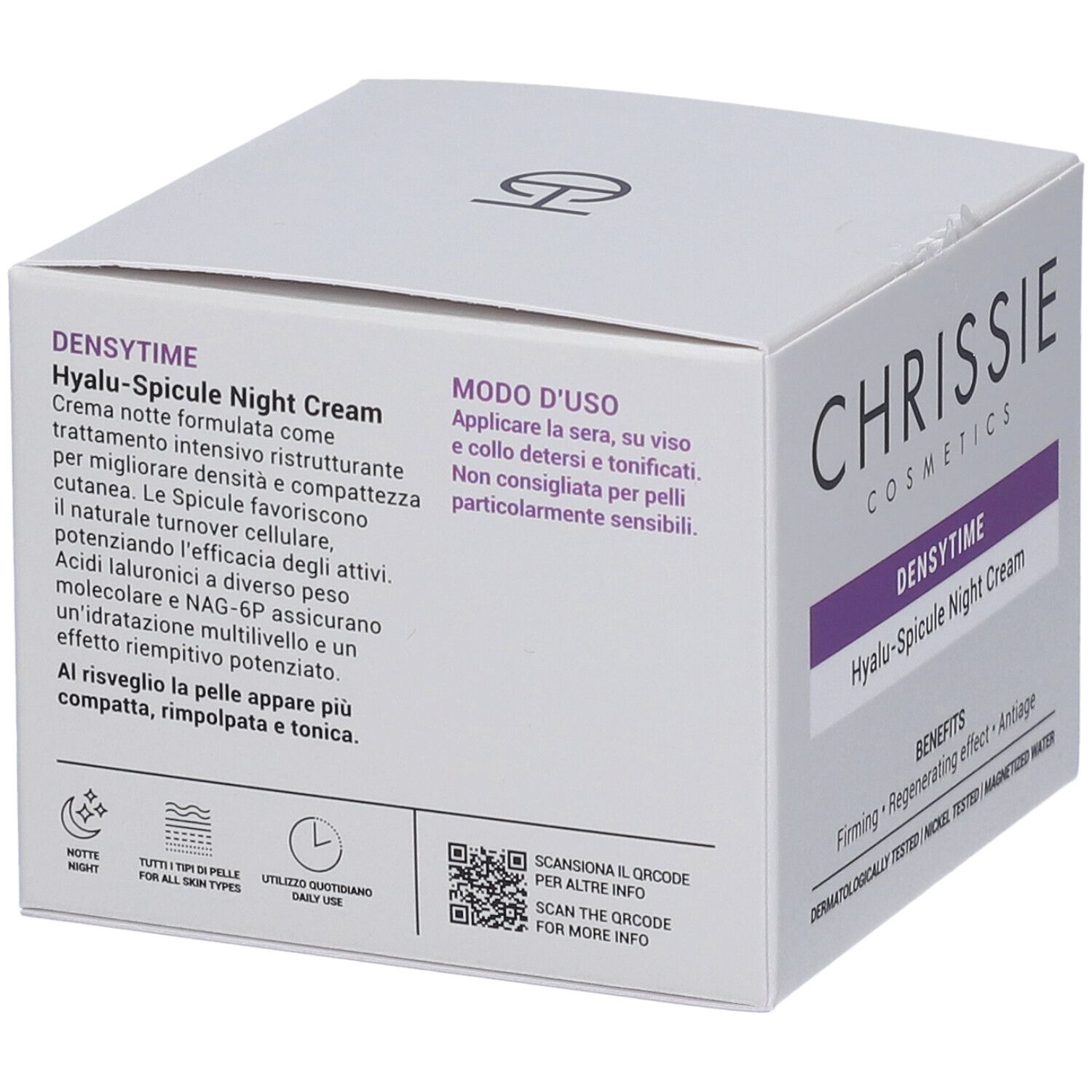 Confezione Chrissie Cosmetics Densytime Hyalu-Spicule Crema Notte, lato con istruzioni e codice QR.