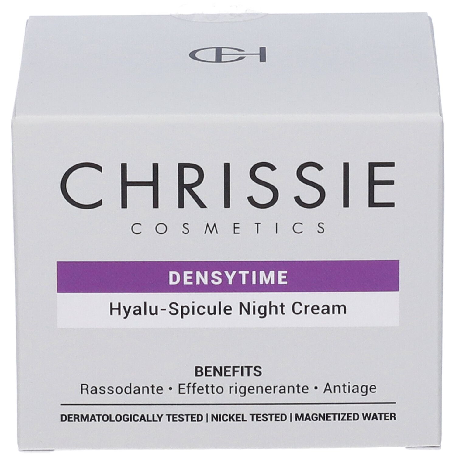 Confezione Chrissie Cosmetics Densytime Hyalu-Spicule Crema Notte, focus su nome prodotto e benefici.