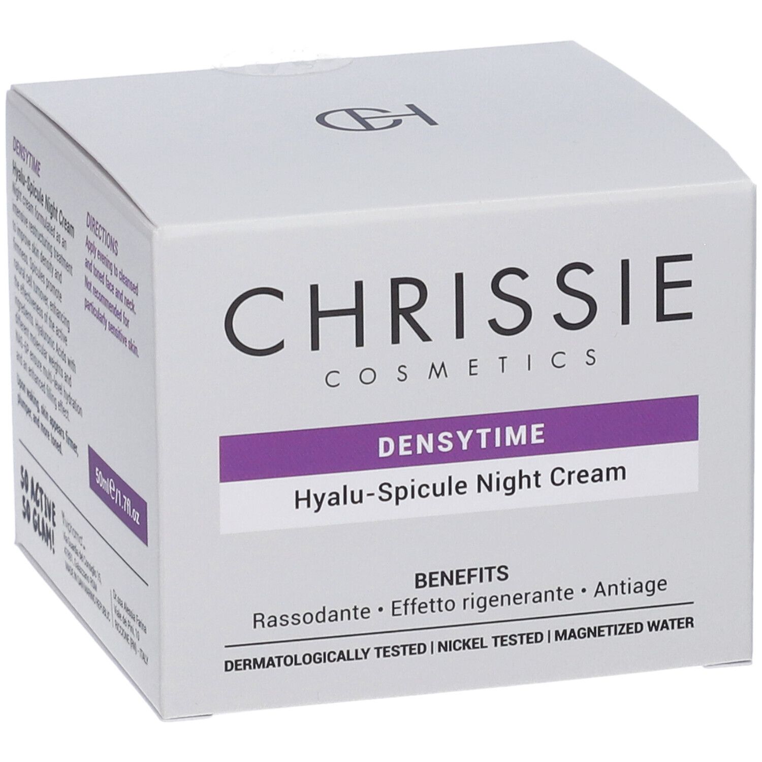 Confezione Chrissie Cosmetics Densytime Hyalu-Spicule Crema Notte, lato con indicazione volume e benefici.