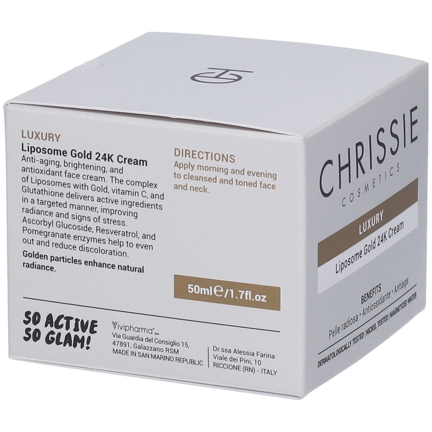 Retro confezione Chrissie Cosmetics Lux Liposome Gold 24K Cream con ingredienti e istruzioni.