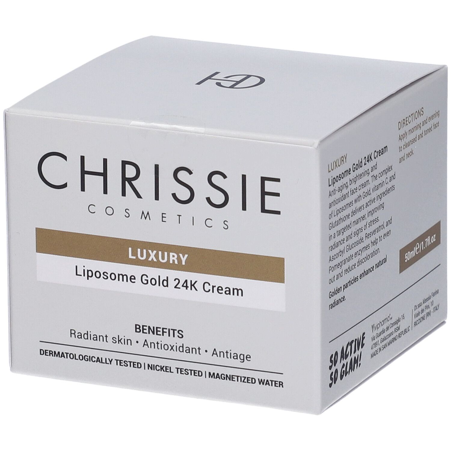 Confezione Chrissie Cosmetics Lux Liposome Gold 24K Cream, fronte.