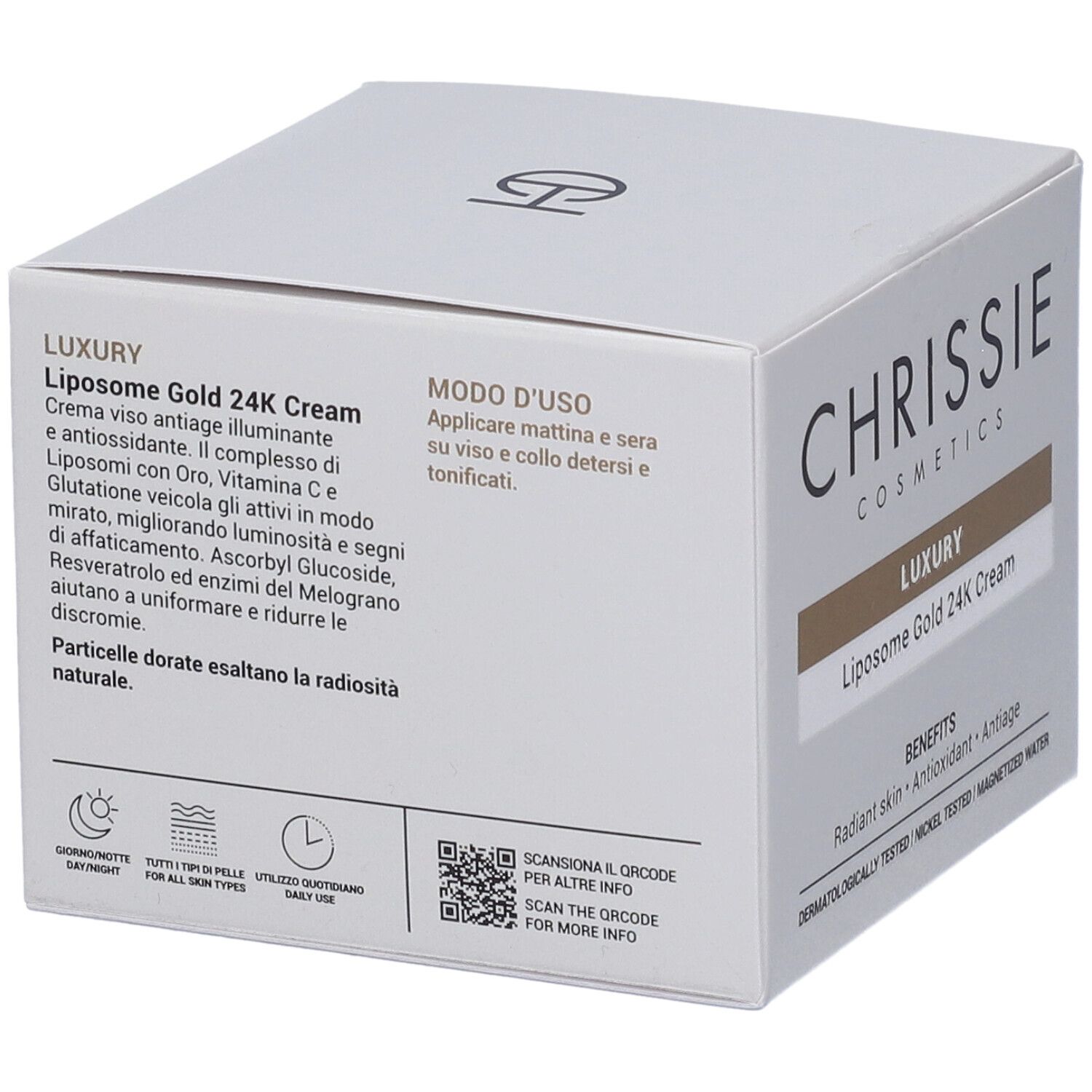 Lato confezione Chrissie Cosmetics Lux Liposome Gold 24K Cream con istruzioni d'uso.
