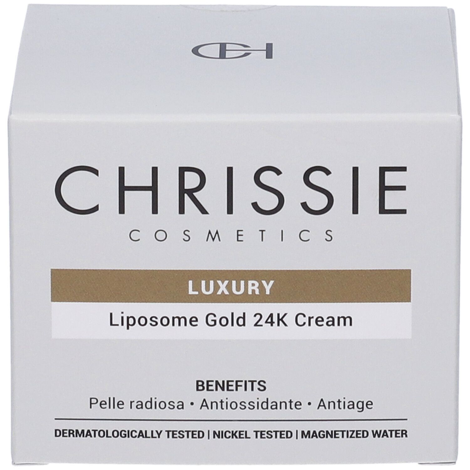 Fronte confezione Chrissie Cosmetics Lux Liposome Gold 24K Cream con benefici.