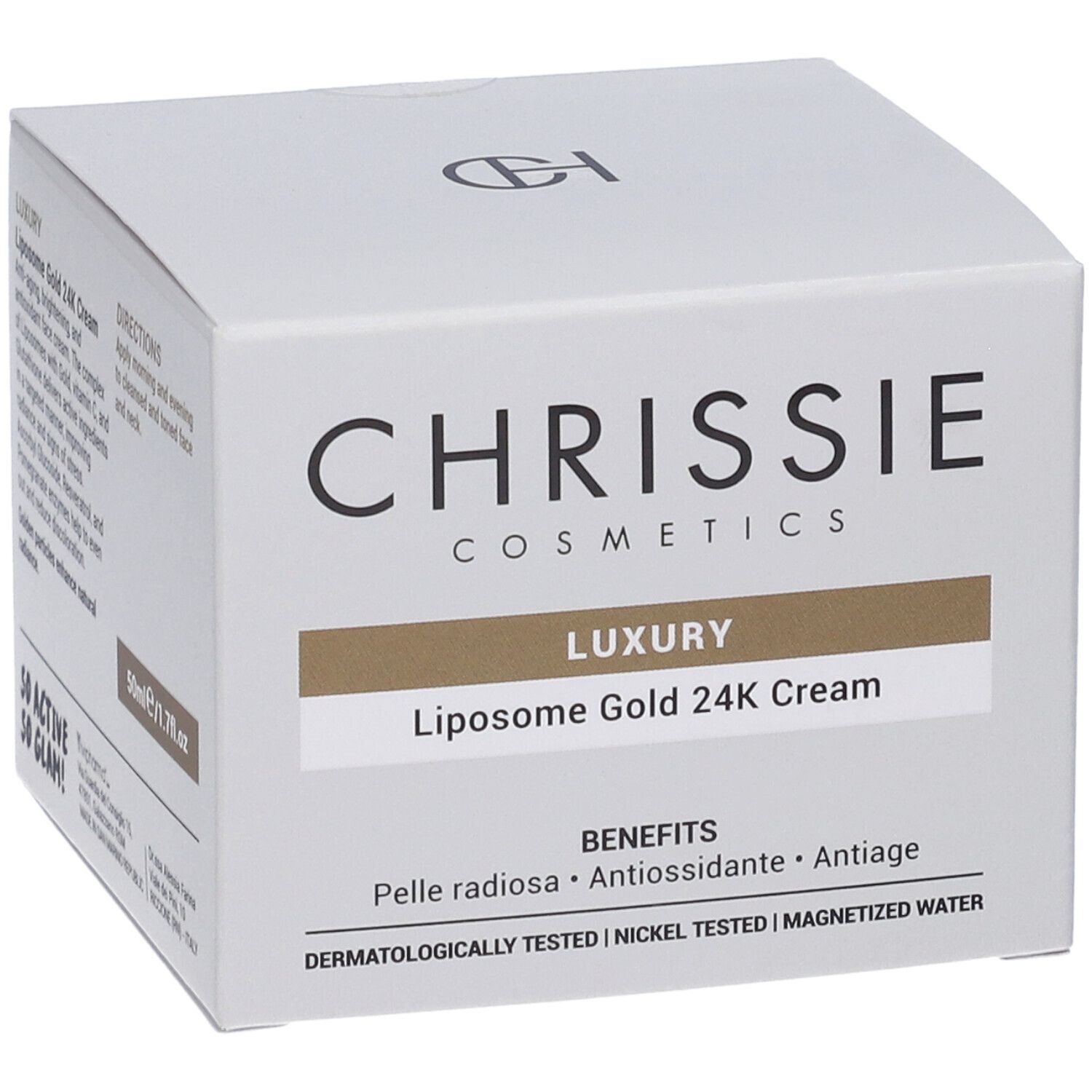 Confezione Chrissie Cosmetics Lux Liposome Gold 24K Cream, vista frontale.