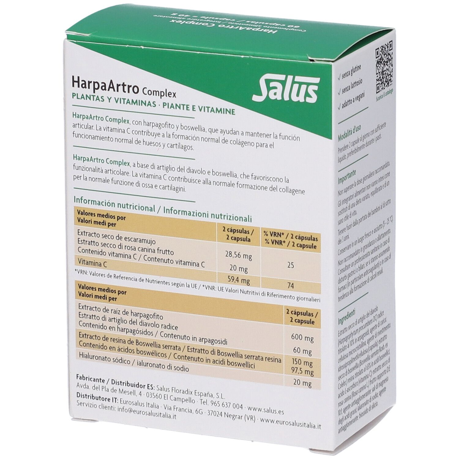 Vista laterale della confezione Salus HarpaArtro Complex con informazioni nutrizionali.