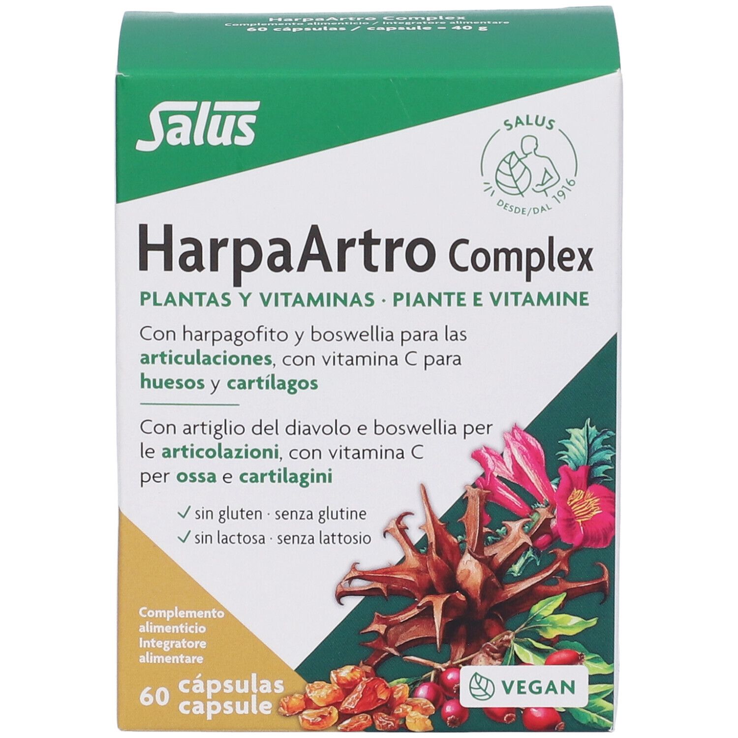 Fronte della confezione Salus HarpaArtro Complex con illustrazione di piante e frutti.