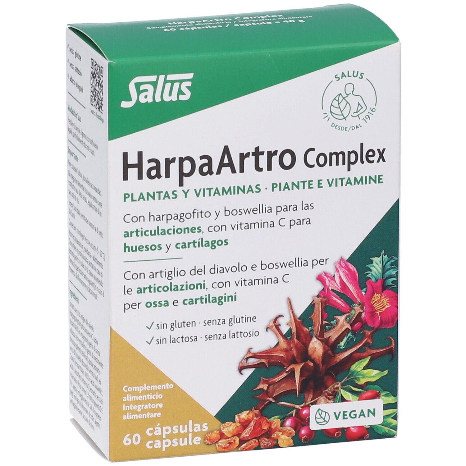 Confezione Salus HarpaArtro Complex 60 capsule, vegan, senza glutine e lattosio.