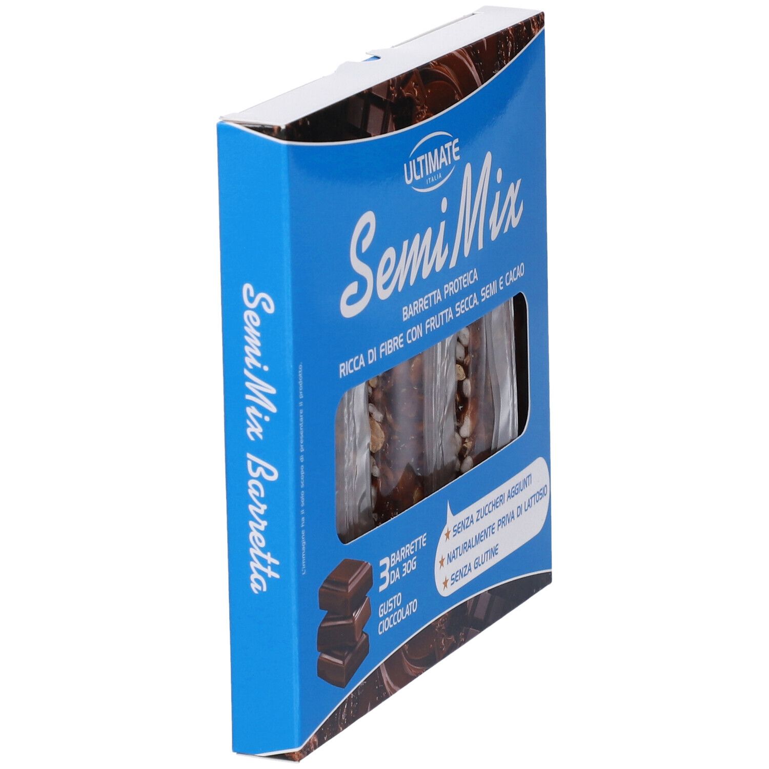 Confezione da 3 barrette, 30g per barretta, ricche di fibre, frutta secca e cacao.
