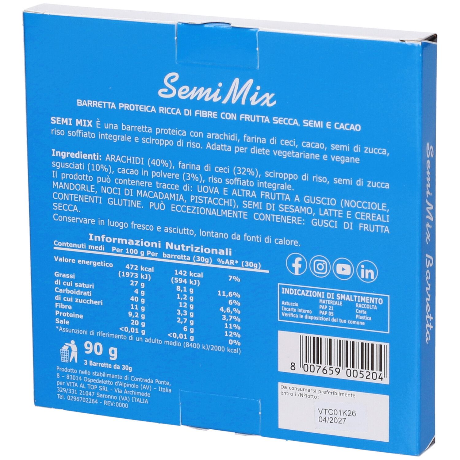 Retro della confezione con informazioni nutrizionali e lista ingredienti per 3 barrette.