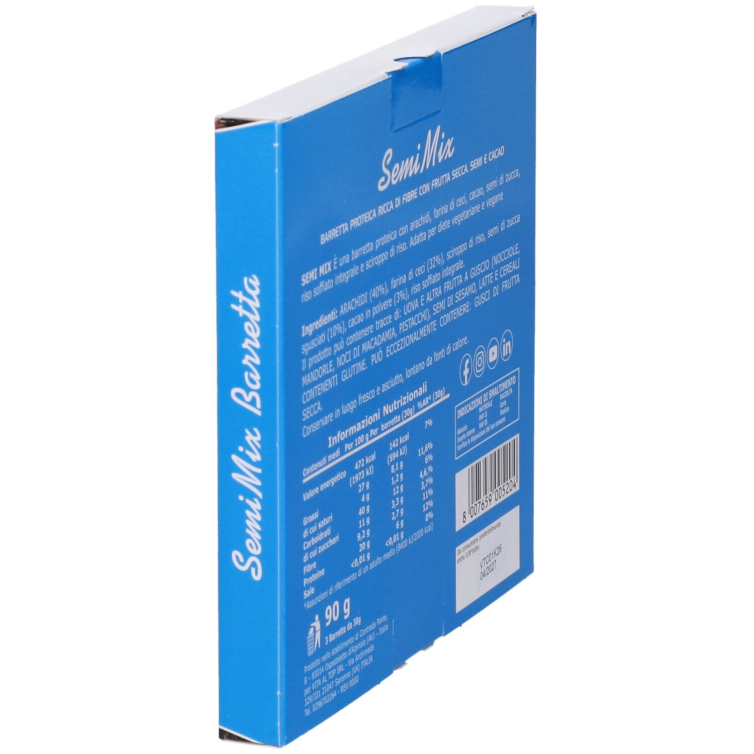 Retro della confezione con informazioni nutrizionali e lista ingredienti per 3 barrette.