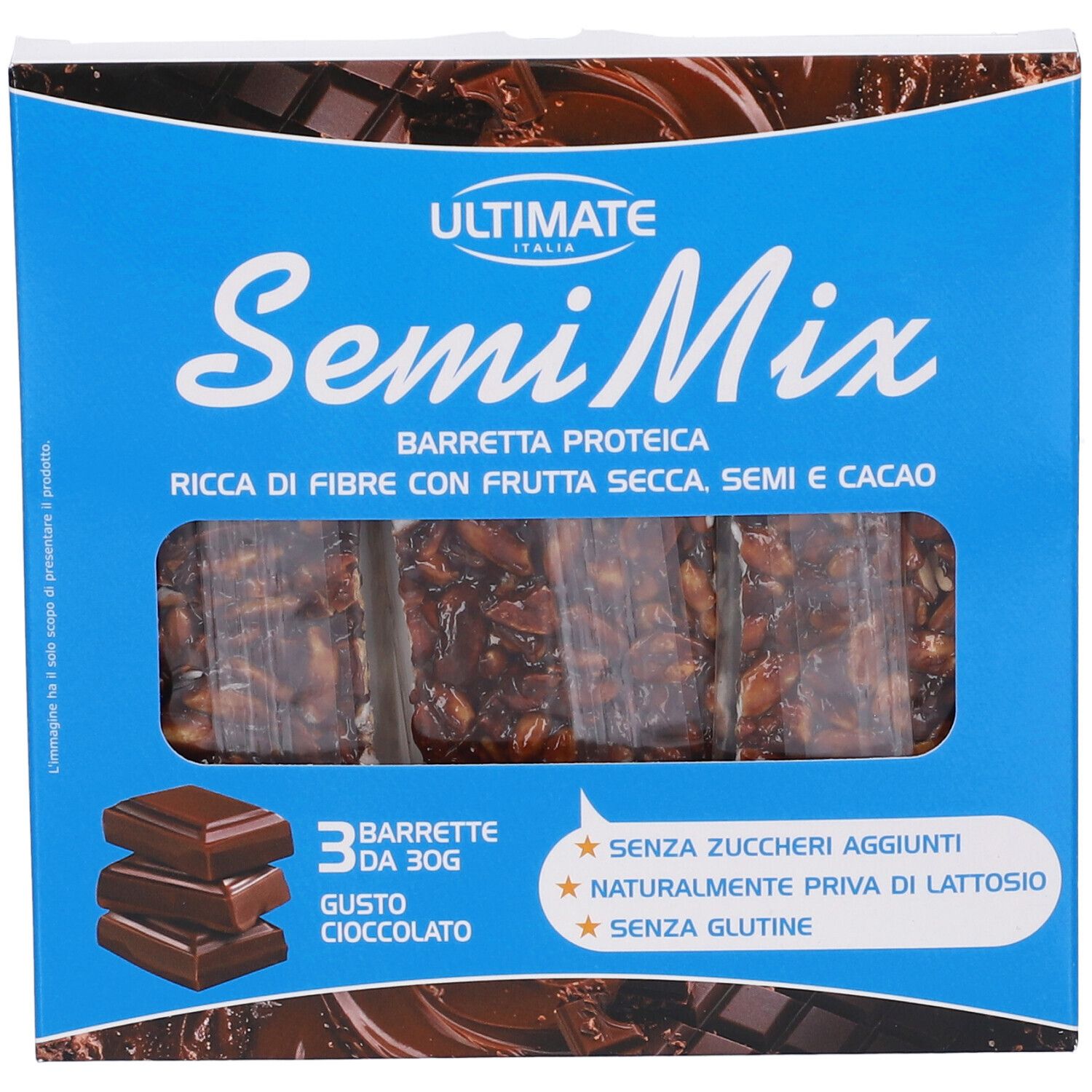 Confezione da 3 barrette, 30g per barretta, ricche di fibre, frutta secca e cacao.