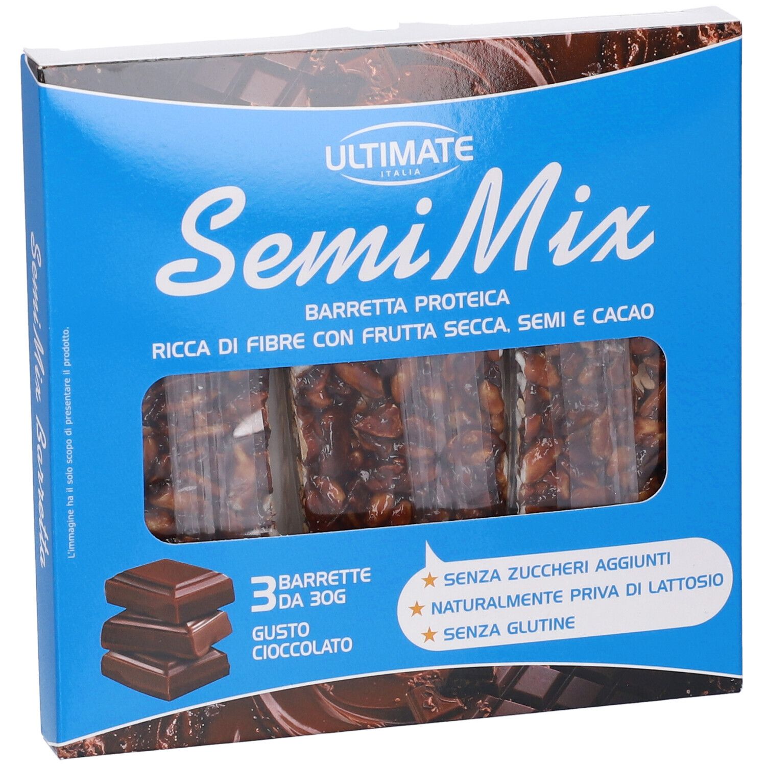 Confezione da 3 barrette, 30g per barretta, ricche di fibre, frutta secca e cacao.