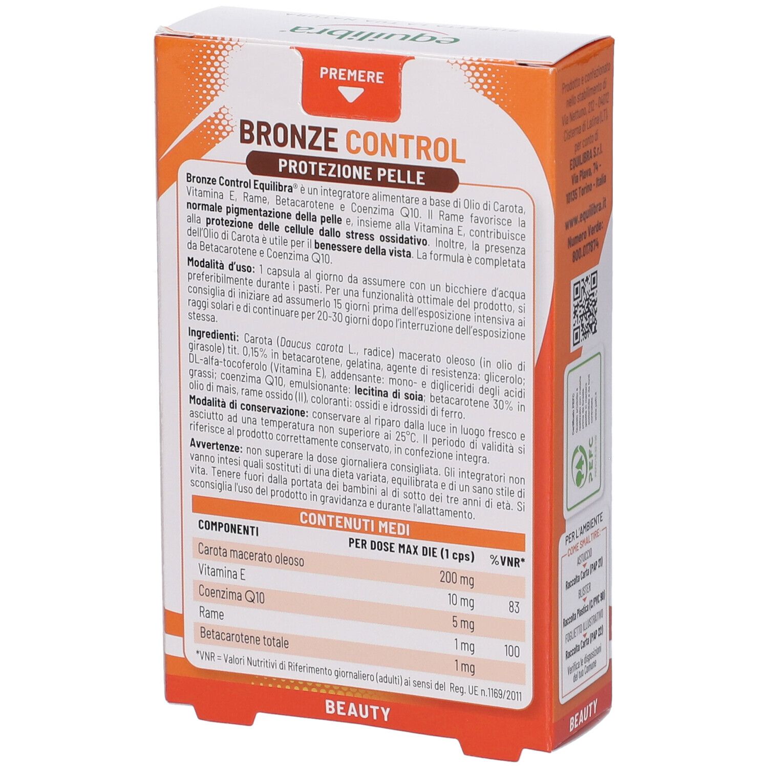 Retro della confezione Equilibra Bronze Control con ingredienti dettagliati e modalità d'uso.