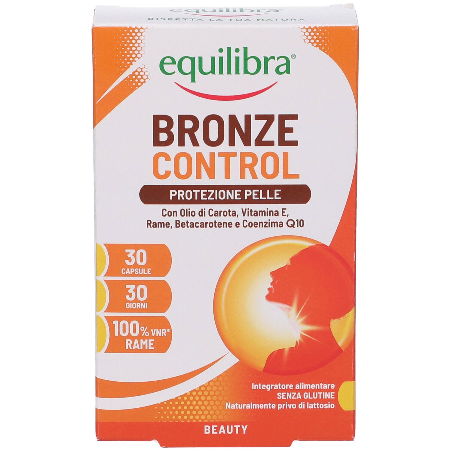 Fronte della confezione Equilibra Bronze Control, 30 capsule per la protezione della pelle, con olio di carota, Vitamina E, Rame, Betacarotene, Coenzima Q10.