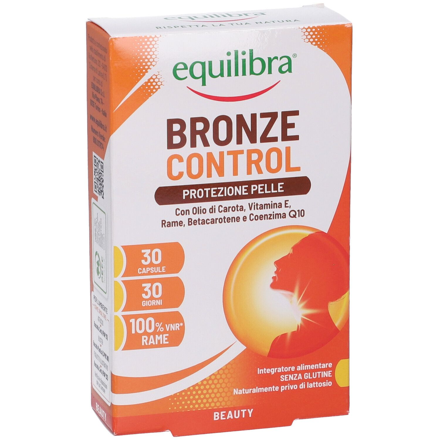 Fronte della confezione Equilibra Bronze Control, 30 capsule per la protezione della pelle, con olio di carota, Vitamina E, Rame, Betacarotene, Coenzima Q10.