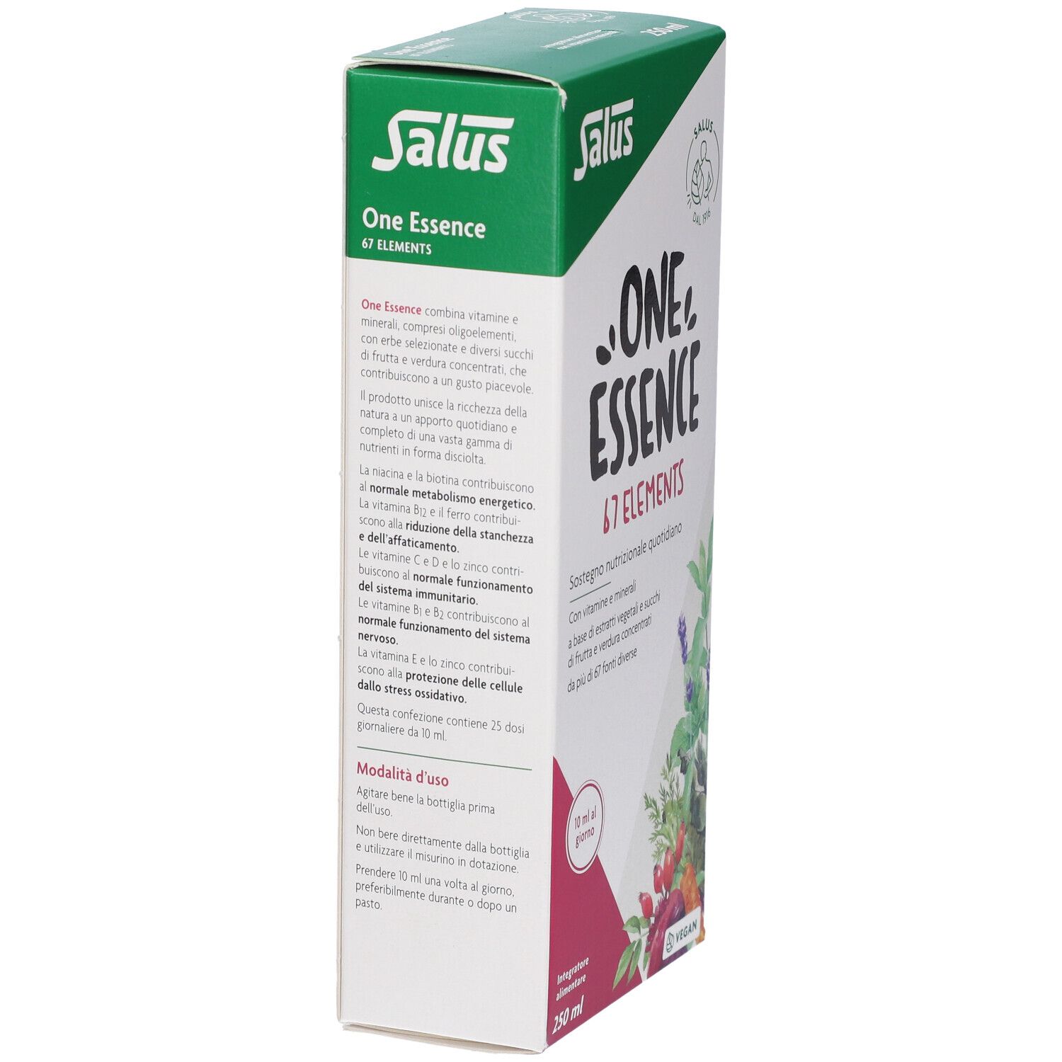 Retro della confezione Salus One Essence 67 Elements con informazioni dettagliate sul prodotto e istruzioni per l'uso.