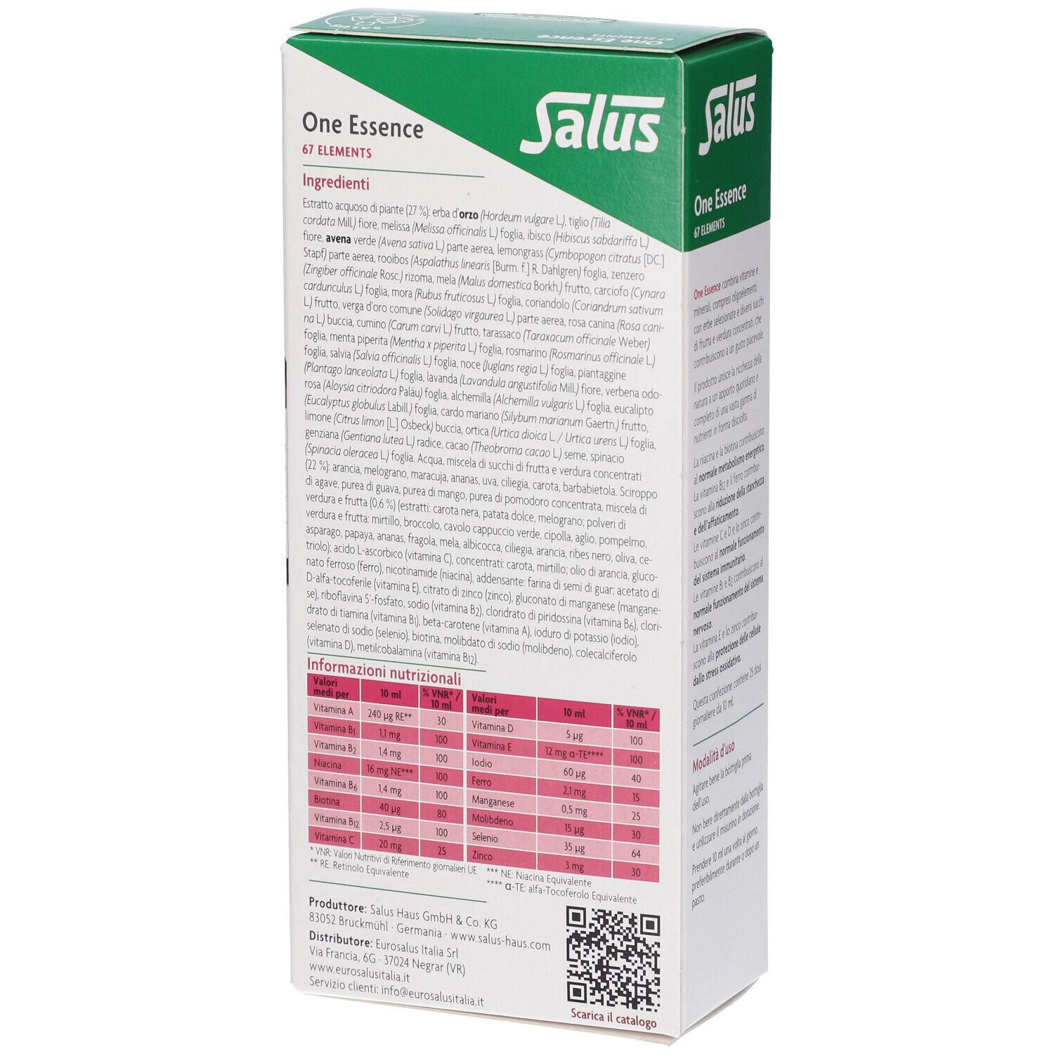 Lato della confezione Salus One Essence 67 Elements con elenco ingredienti e informazioni nutrizionali.