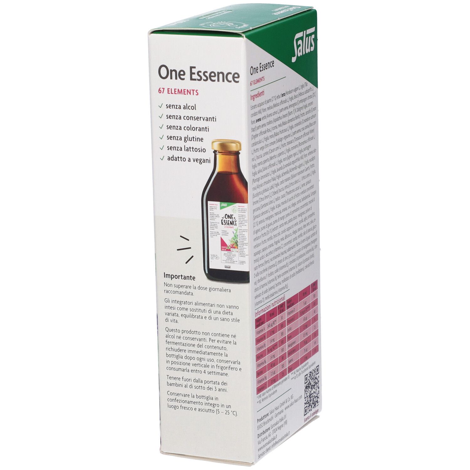 Lato della confezione Salus One Essence 67 Elements con indicazioni 'senza alcol' e 'vegan'. Mostra una piccola bottiglia.