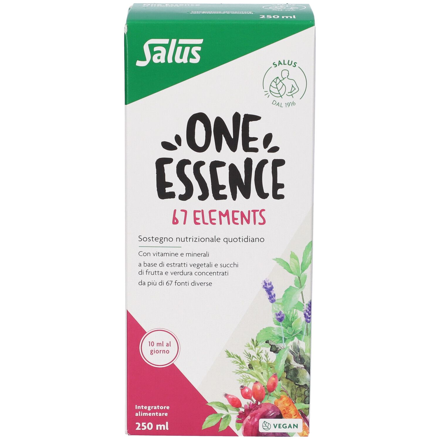 Fronte della confezione Salus One Essence 67 Elements con nome del prodotto, supporto nutrizionale quotidiano e 250 ml.