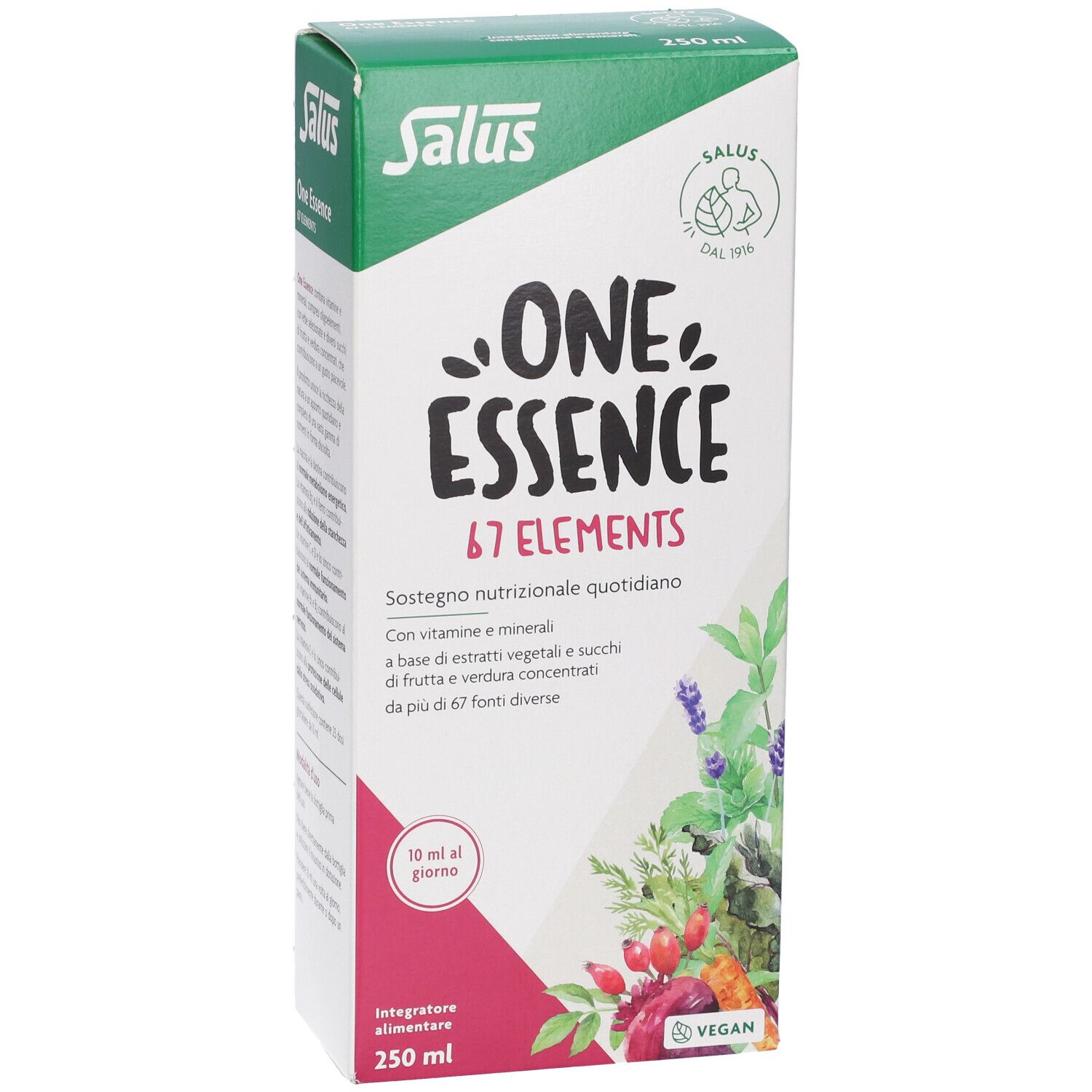 Fronte della confezione Salus One Essence 67 Elements, focus su 'ONE ESSENCE 67 ELEMENTS' e supporto nutrizionale quotidiano.