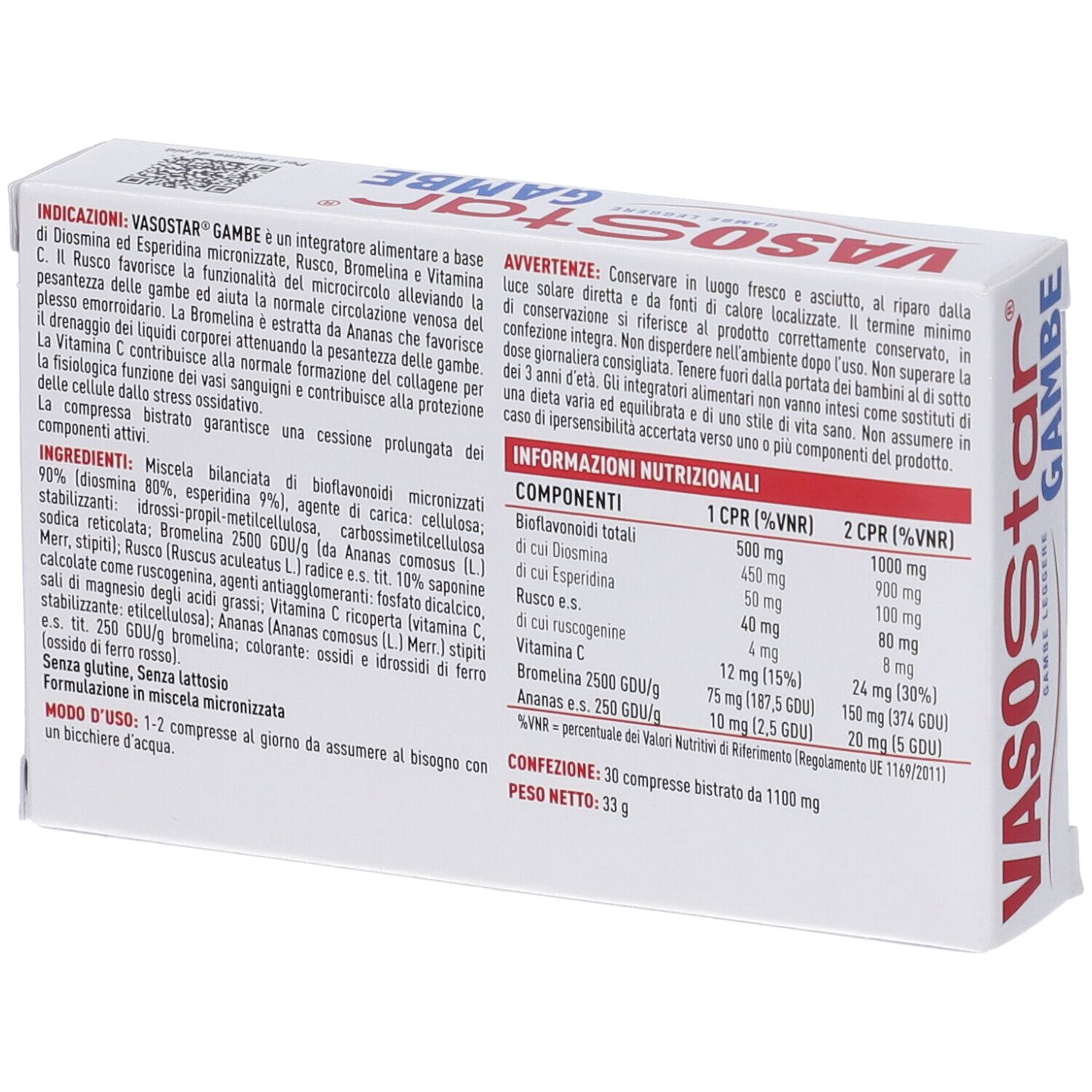 Retro della confezione Vasostar Gambe con informazioni nutrizionali e ingredienti.