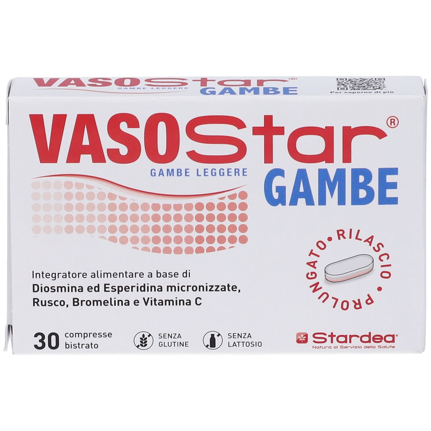 Confezione Vasostar Gambe, 30 compresse, con nome del prodotto e caratteristiche.