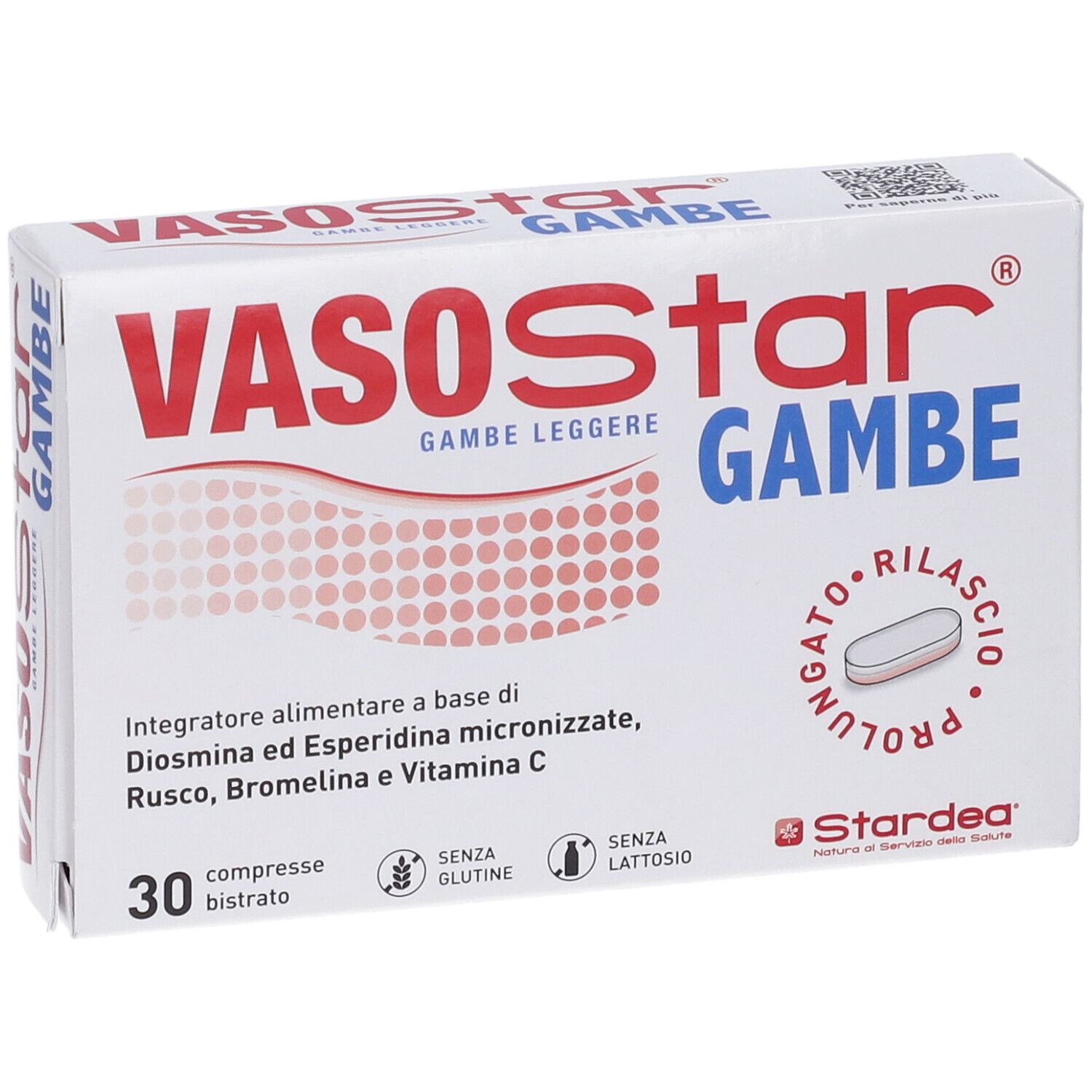 Confezione Vasostar Gambe, 30 compresse, con nome del prodotto e caratteristiche.