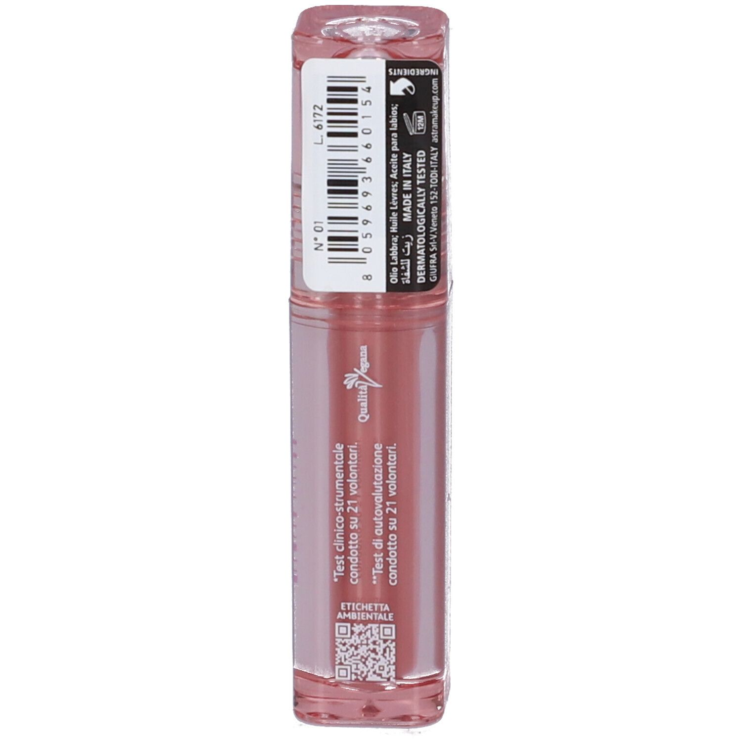 Astra Make-Up Aperitint Lip Oil Stain, tonalità 01 Riviera, retro con informazioni prodotto.