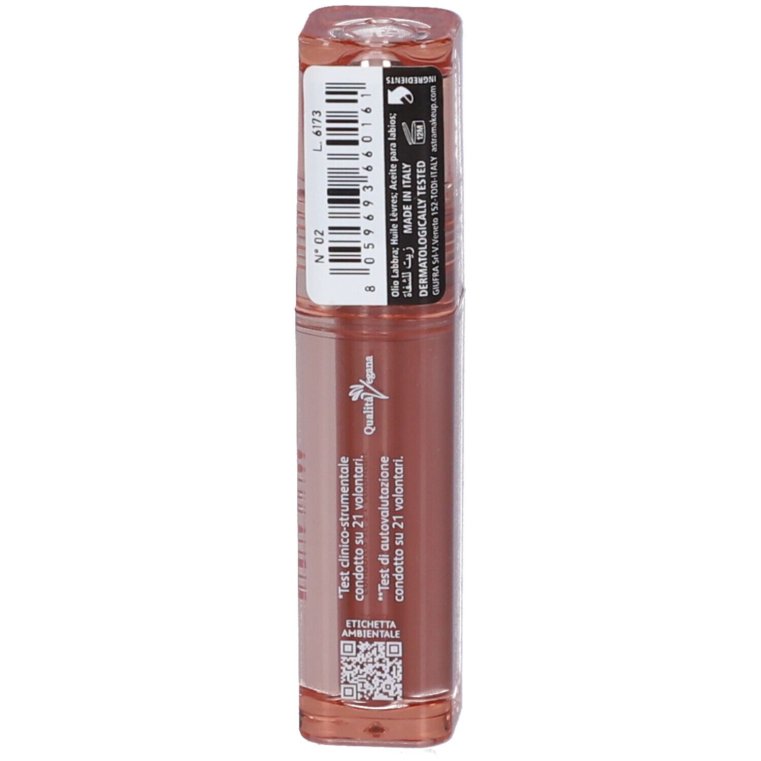 Astra Make-Up Aperitint Long Lasting Lip Oil Stain, tonalità 02 Tonic, retro con ingredienti e sigilli.