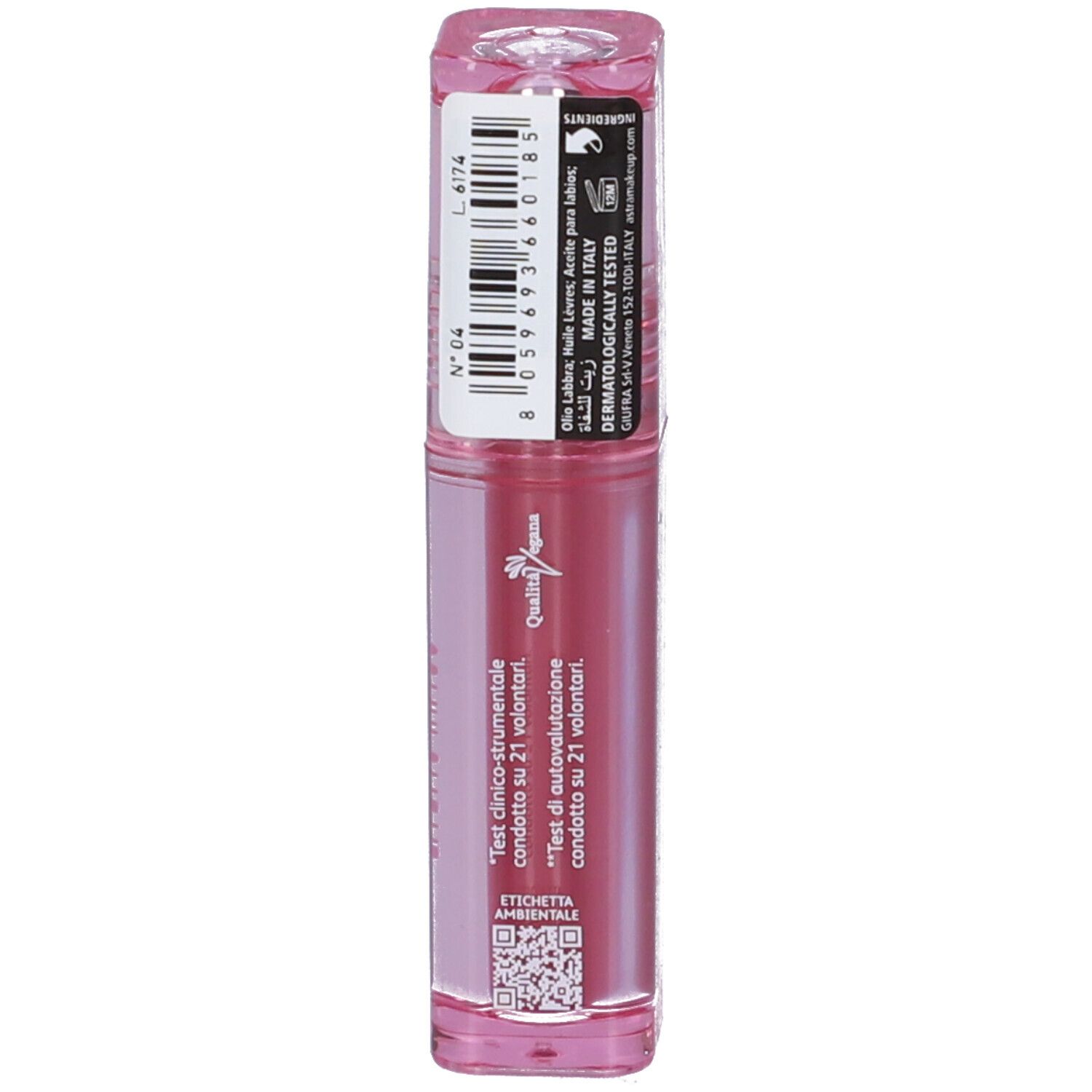 Astra Make-Up Aperitint Olio Stain Labbra, tonalità 04 Sherry, retro con etichetta e codice a barre.