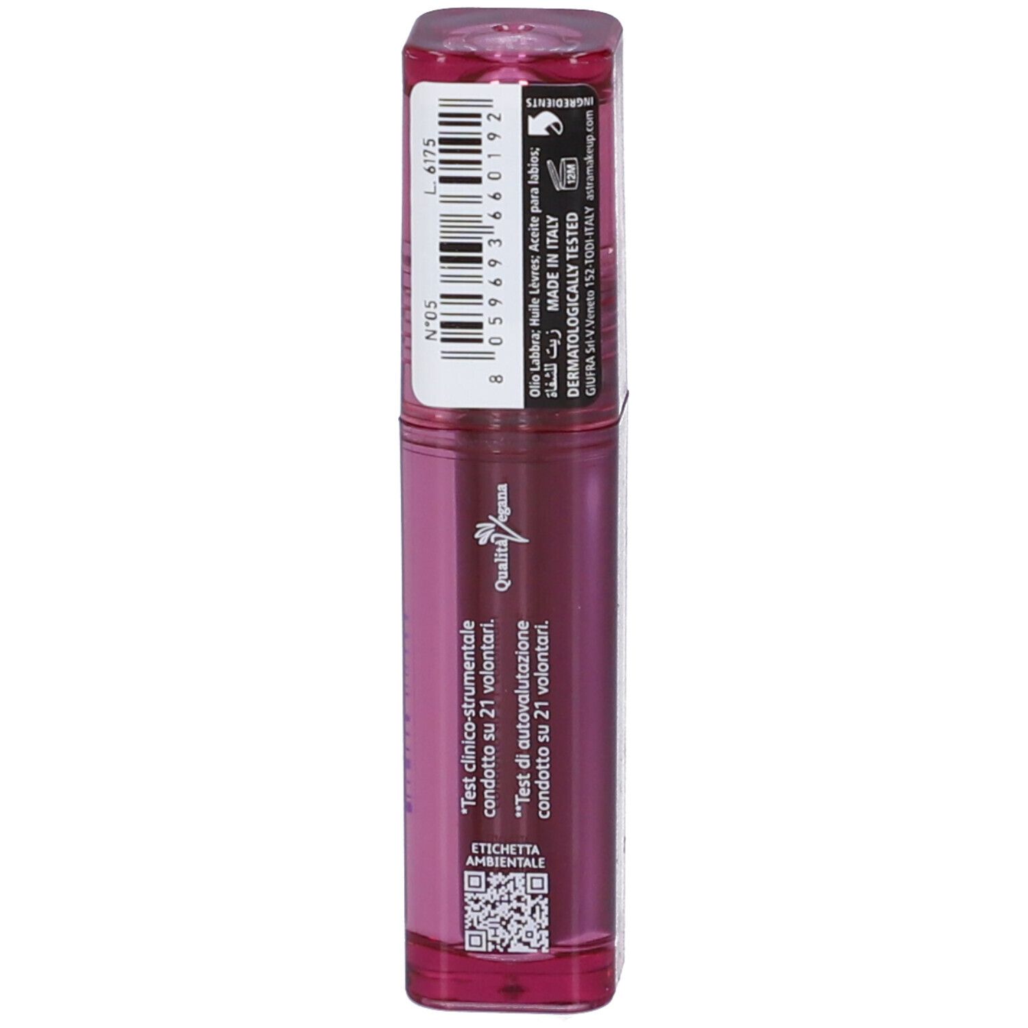 Astra Make-Up Aperitint Lip Oil Stain, tonalità 05 Bitter, con sigilli 'Qualità Vegana' e 'Dermatologically Tested'.