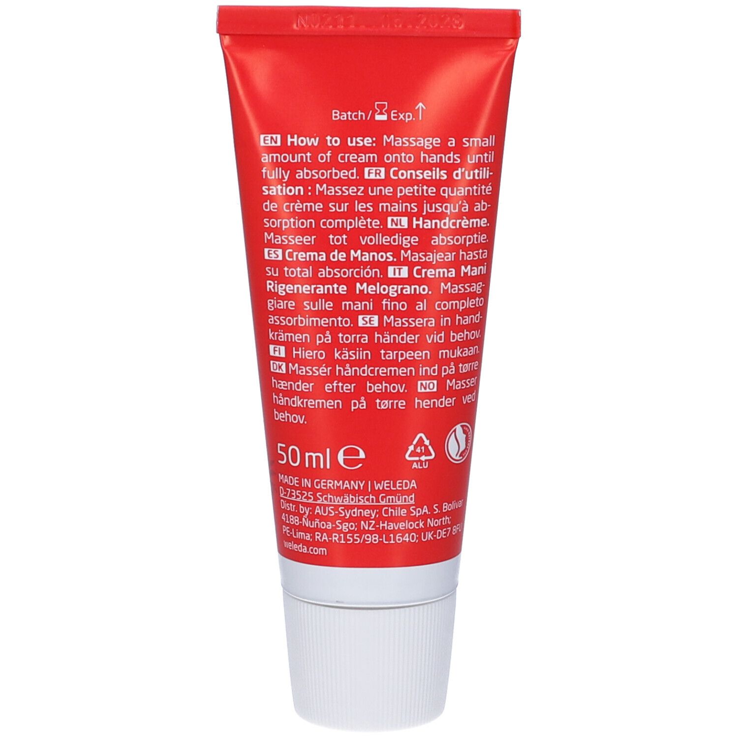 Retro del tubo rosso. Testo multilingue: Uso, ingredienti, 50ml, simbolo di riciclaggio, logo Weleda.